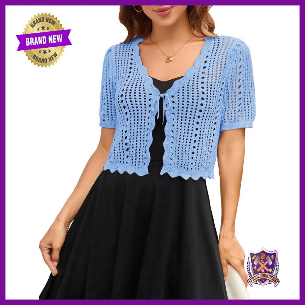 Crochet Shrug Sweater Tie Front Knit Bolero Short Sleeve Cardigan